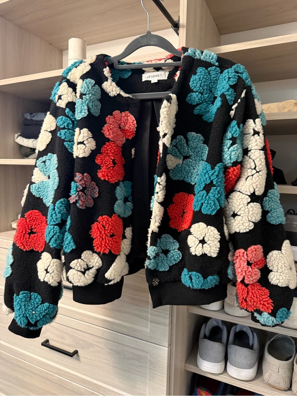 Veveret Black Floral Sherpa Bomber Jacket - Turquoise, Red, Cream